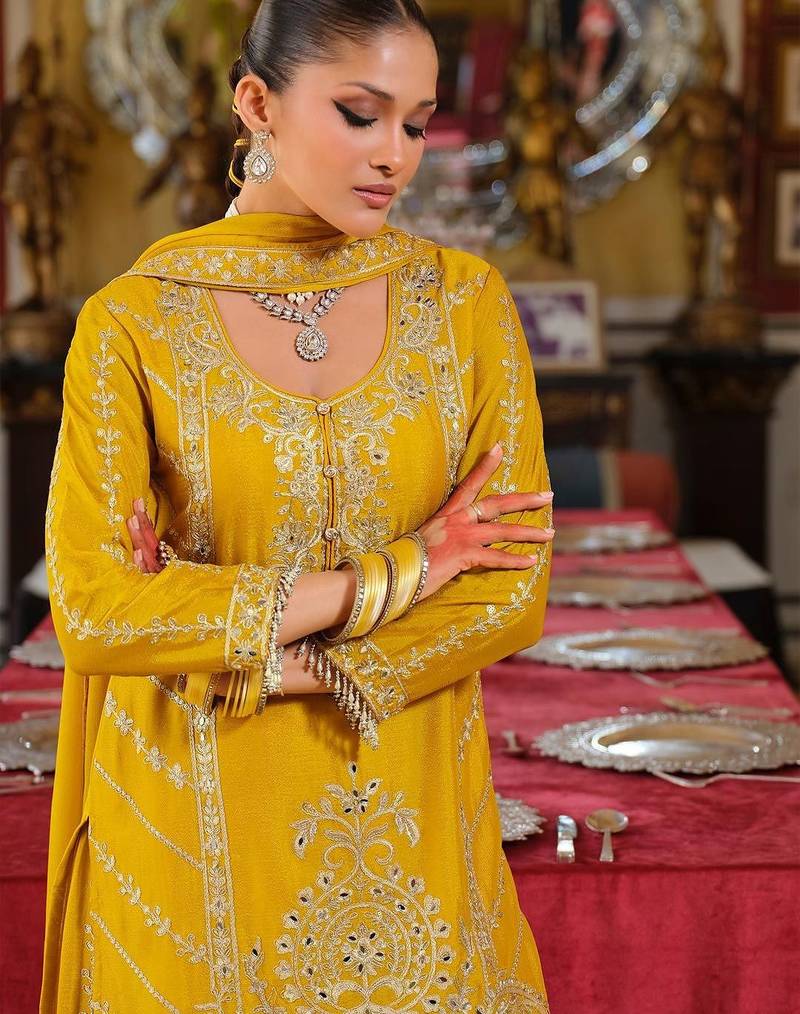 Ethnic Motifs Embroidered Straight Mirror Work Kurta With Palazzos & Dupatta