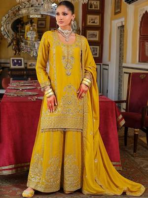 Ethnic Motifs Embroidered Straight Mirror Work Kurta With Palazzos & Dupatta 5