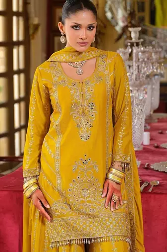 Ethnic Motifs Embroidered Straight Mirror Work Kurta With Palazzos & Dupatta