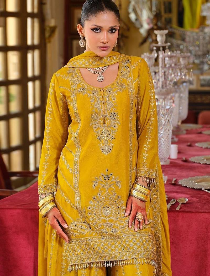 Ethnic Motifs Embroidered Straight Mirror Work Kurta With Palazzos & Dupatta