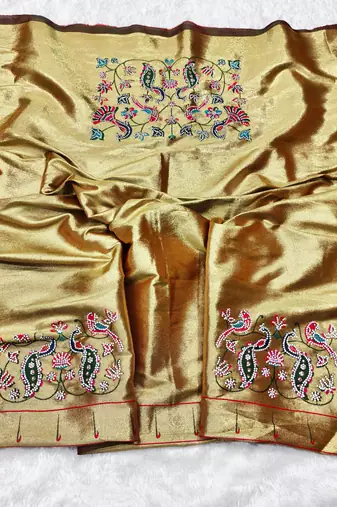 brown zari woven paithani silk blend traditional saree with swarovski blouse piece