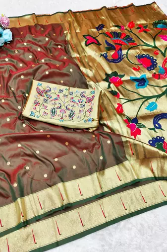 brown zari woven paithani silk blend traditional saree with swarovski blouse piece
