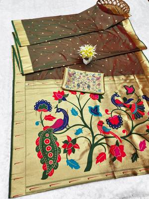 brown zari woven paithani silk blend traditional saree with swarovski blouse piece 5