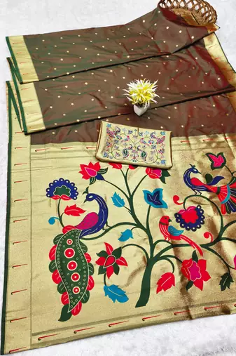 brown zari woven paithani silk blend traditional saree with swarovski blouse piece