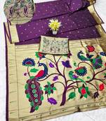 wine zari woven paithani silk blend traditional saree with swarovski blouse piece