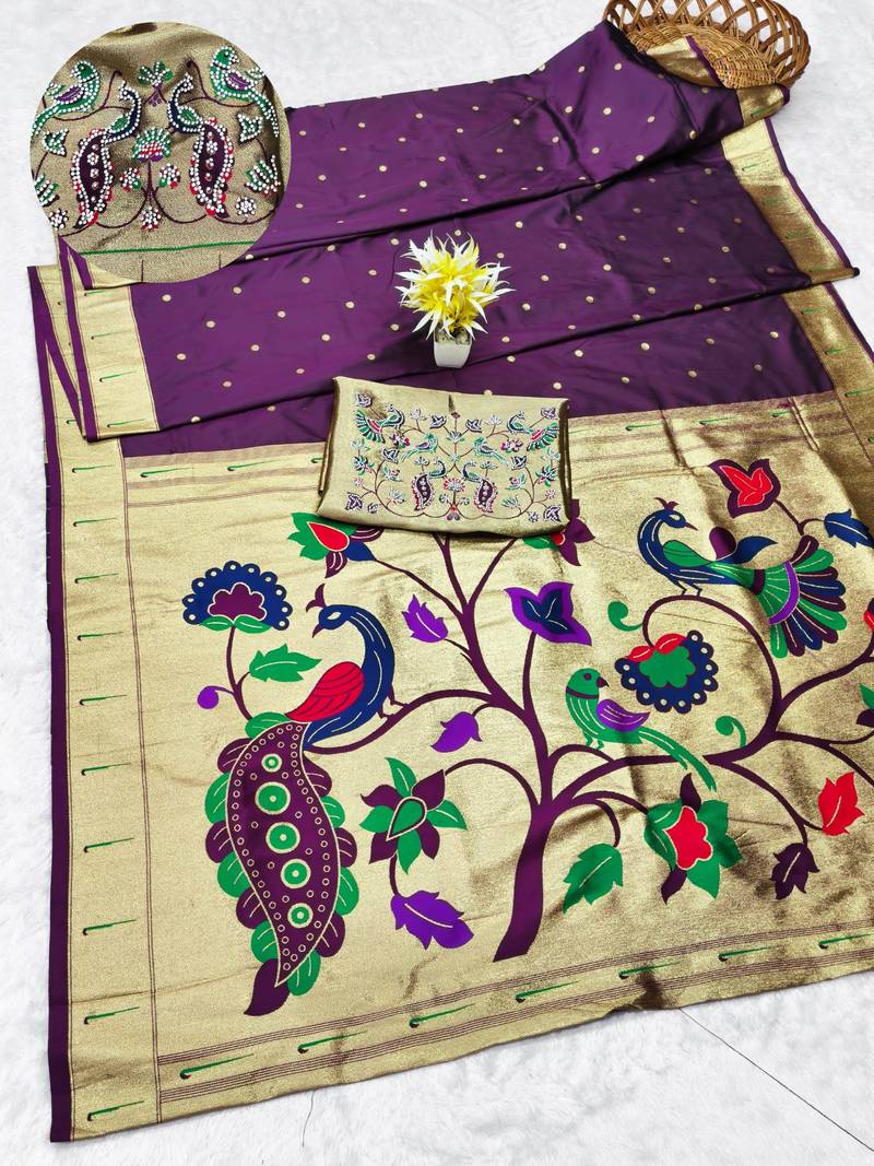 wine zari woven paithani silk blend traditional saree with swarovski blouse piece