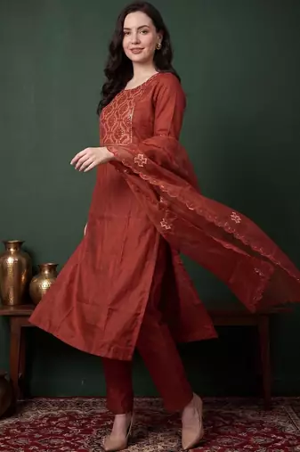 Women Ethnic Motifs Embroidered Regular Sequinned Kurta with Trousers & With Dupatta