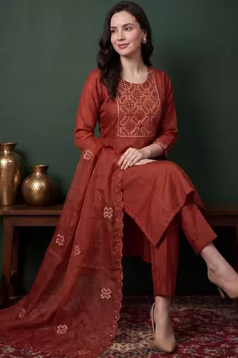 Women Ethnic Motifs Embroidered Regular Sequinned Kurta with Trousers & With Dupatta