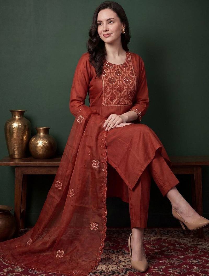 Women Ethnic Motifs Embroidered Regular Sequinned Kurta with Trousers & With Dupatta