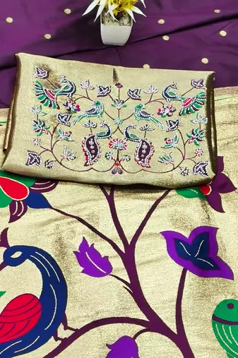 wine zari woven paithani silk blend traditional saree with swarovski blouse piece