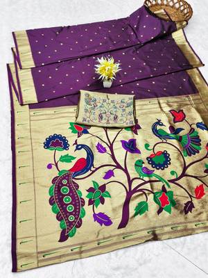 wine zari woven paithani silk blend traditional saree with swarovski blouse piece 5