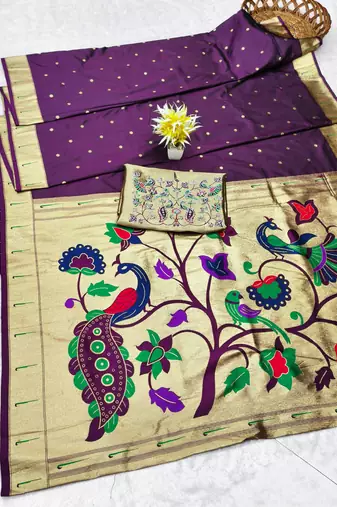 wine zari woven paithani silk blend traditional saree with swarovski blouse piece