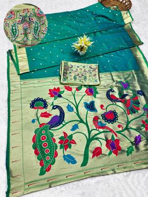 rama zari woven paithani silk blend traditional saree with swarovski blouse piece 1