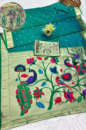rama zari woven paithani silk blend traditional saree with swarovski blouse piece