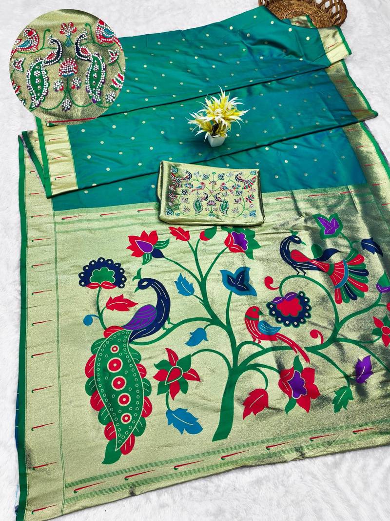 rama zari woven paithani silk blend traditional saree with swarovski blouse piece