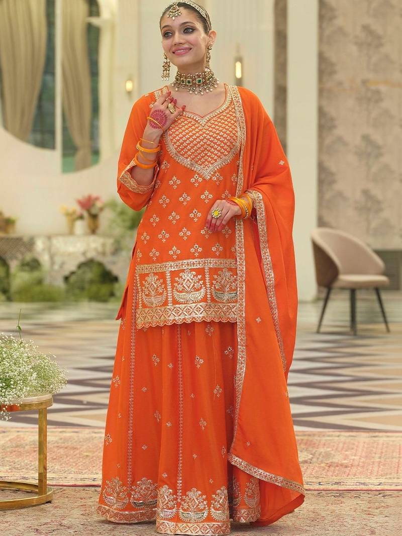 Women Ethnic Motifs Embroidered Regular Sequinned Kurta with Skirt & With Dupatta