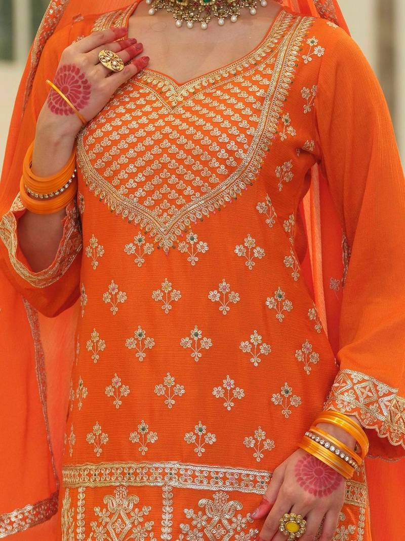 Women Ethnic Motifs Embroidered Regular Sequinned Kurta with Skirt & With Dupatta
