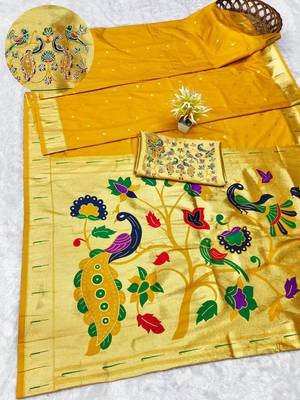 yellow zari woven paithani silk blend traditional saree with swarovski blouse piece 1