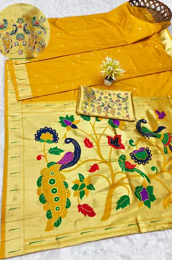 yellow zari woven paithani silk blend traditional saree with swarovski blouse piece