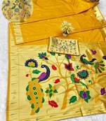 yellow zari woven paithani silk blend traditional saree with swarovski blouse piece