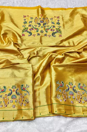 yellow zari woven paithani silk blend traditional saree with swarovski blouse piece