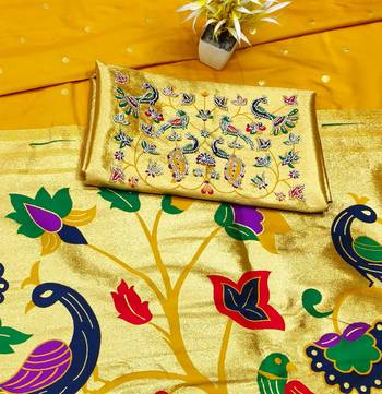 yellow zari woven paithani silk blend traditional saree with swarovski blouse piece 4