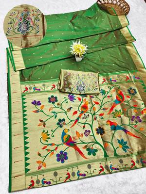 green zari woven paithani silk blend traditional saree with swarovski blouse piece 1