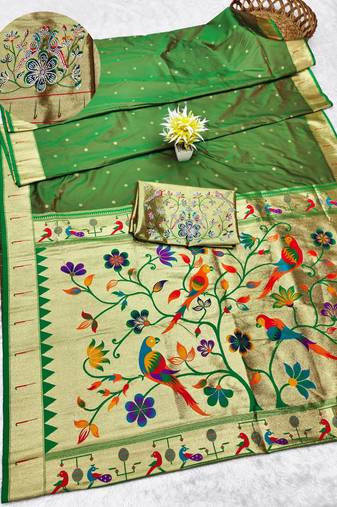 green zari woven paithani silk blend traditional saree with swarovski blouse piece