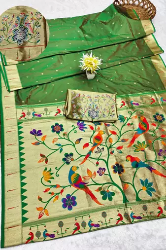 green zari woven paithani silk blend traditional saree with swarovski blouse piece