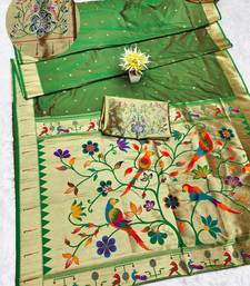green zari woven paithani silk blend traditional saree with swarovski blouse piece