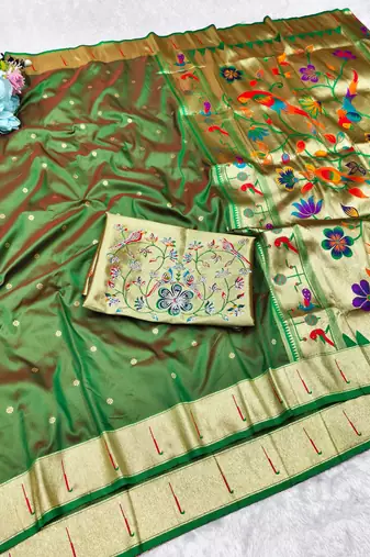 green zari woven paithani silk blend traditional saree with swarovski blouse piece