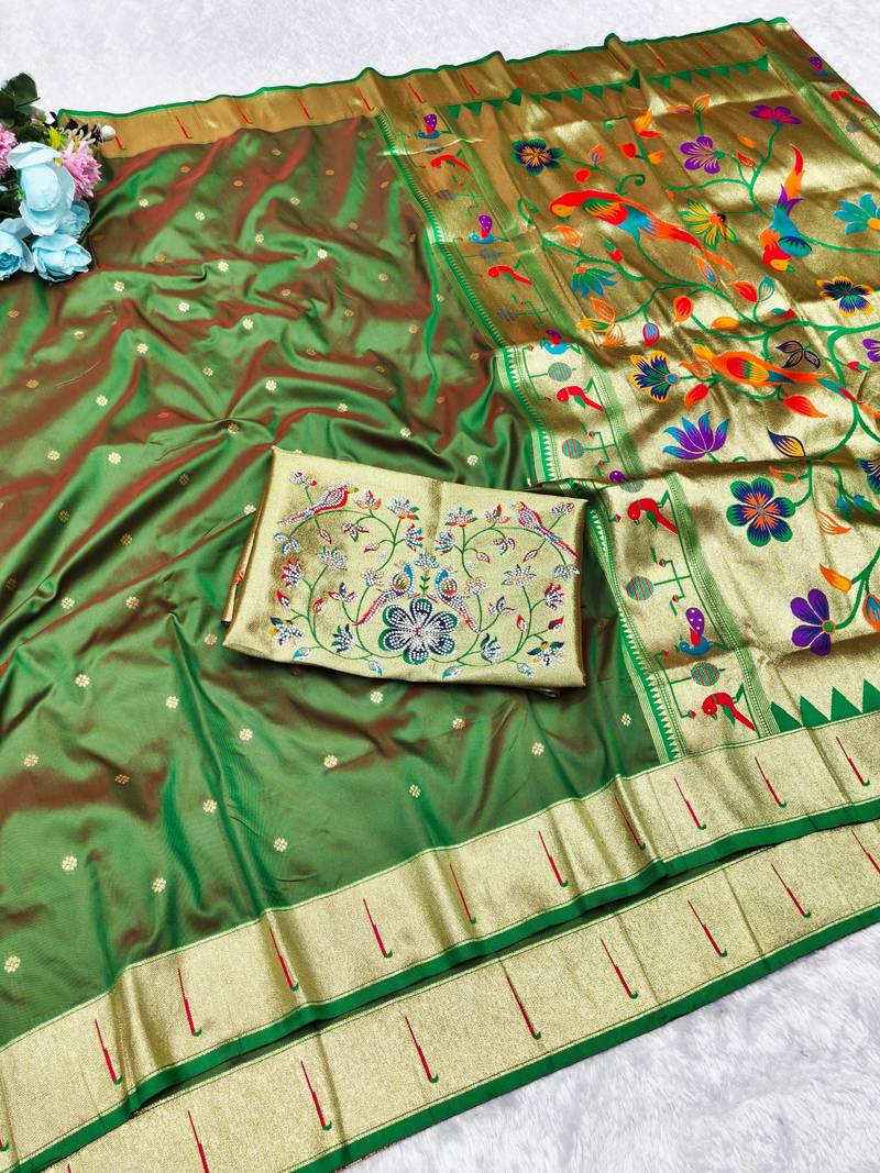 green zari woven paithani silk blend traditional saree with swarovski blouse piece