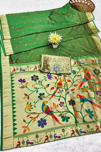 green zari woven paithani silk blend traditional saree with swarovski blouse piece