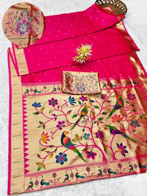 pink zari woven paithani silk blend traditional saree with swarovski blouse piece 1