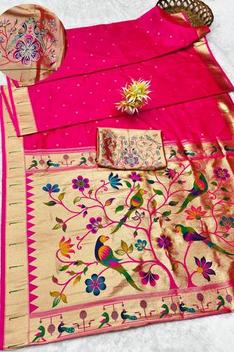 pink zari woven paithani silk blend traditional saree with swarovski blouse piece