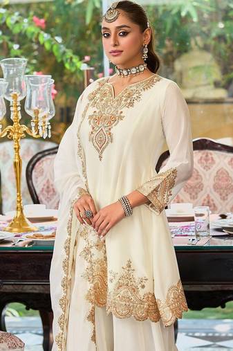 Ethnic Motifs Embroidered Sequinned Straight Kurta With Palazzos & Dupatta