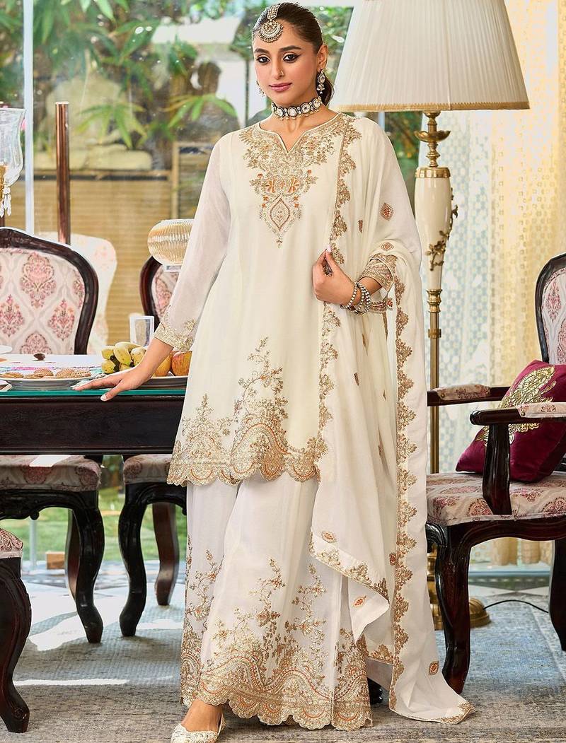Ethnic Motifs Embroidered Sequinned Straight Kurta With Palazzos & Dupatta