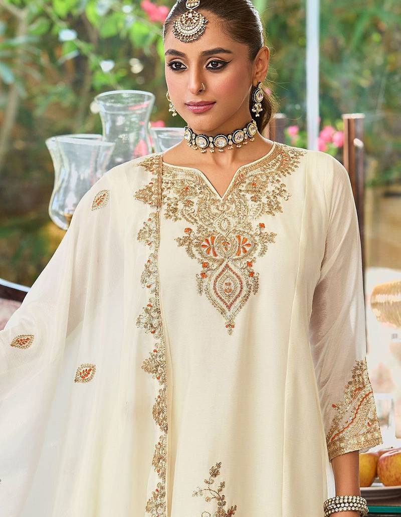 Ethnic Motifs Embroidered Sequinned Straight Kurta With Palazzos & Dupatta