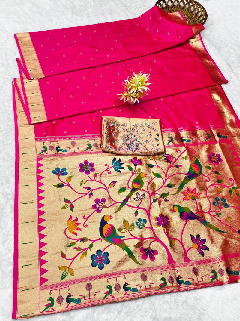 pink zari woven paithani silk blend traditional saree with swarovski blouse piece