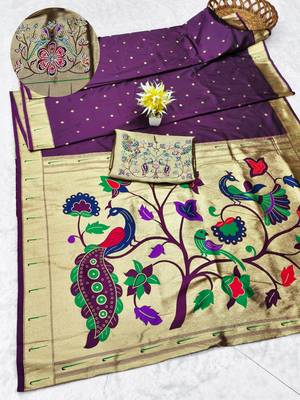 wine zari woven paithani silk blend traditional saree with swarovski blouse piece 1