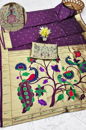 wine zari woven paithani silk blend traditional saree with swarovski blouse piece