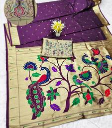 wine zari woven paithani silk blend traditional saree with swarovski blouse piece