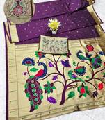 wine zari woven paithani silk blend traditional saree with swarovski blouse piece