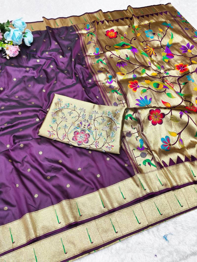 wine zari woven paithani silk blend traditional saree with swarovski blouse piece