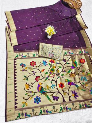 wine zari woven paithani silk blend traditional saree with swarovski blouse piece 5