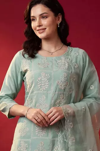 Women Ethnic Motifs Embroidered Regular Thread Work Kurta with Trousers & With Dupatta