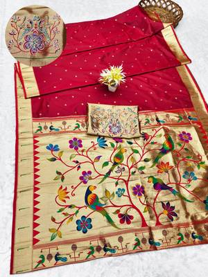 maroon zari woven paithani silk blend traditional saree with swarovski blouse piece 1