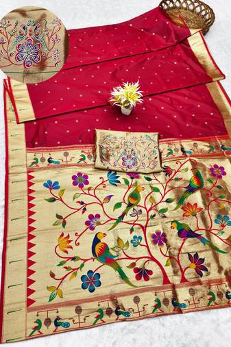 maroon zari woven paithani silk blend traditional saree with swarovski blouse piece