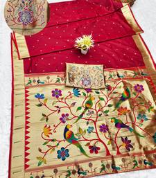 maroon zari woven paithani silk blend traditional saree with swarovski blouse piece