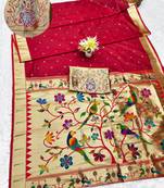 maroon zari woven paithani silk blend traditional saree with swarovski blouse piece